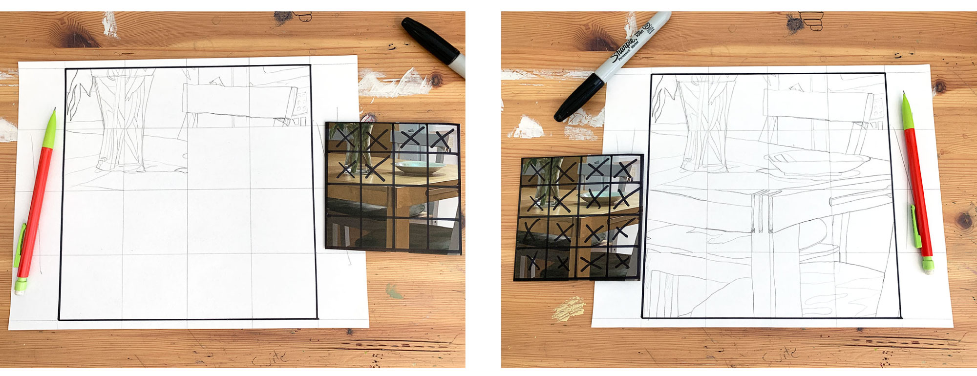 Two pictures showing the progression of a pencil drawing using a grid method.