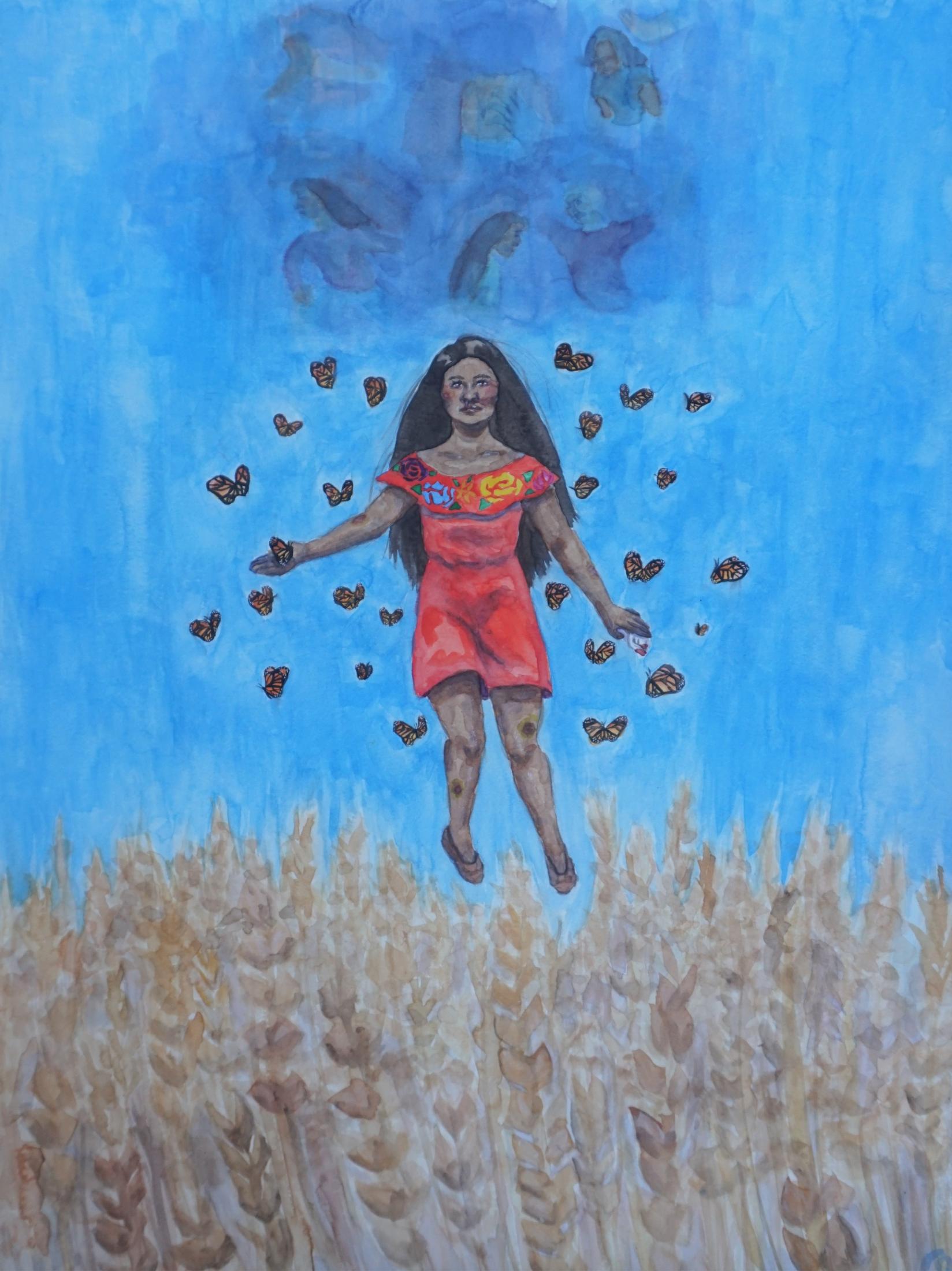 Painting of a girl floating in the air, surrounded by butterflies.